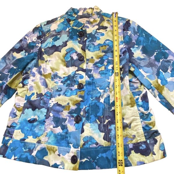Coldwater Creek Cotton/Linen Blue Multi Abstract Floral Ruffle Neck Jacket Sz 12 - Picture 9 of 11